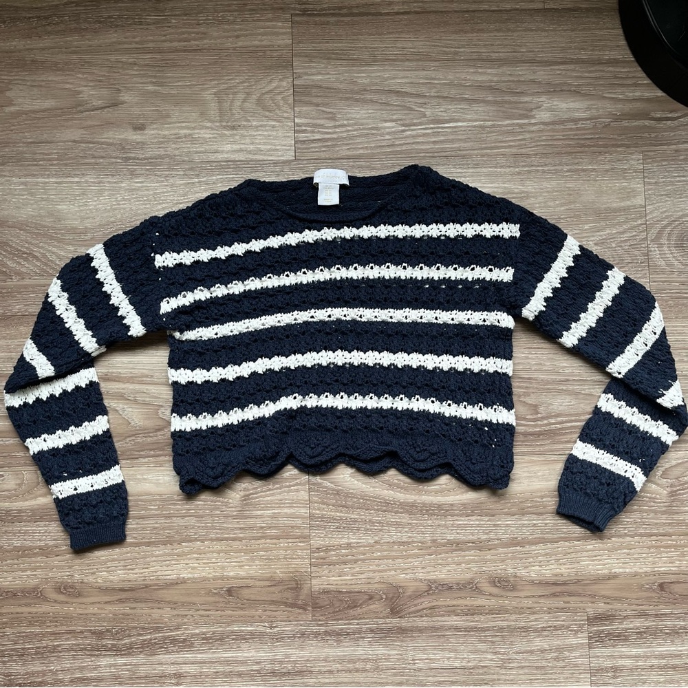 House of Harlow Crochet Knit Striped Navy and White Sweater